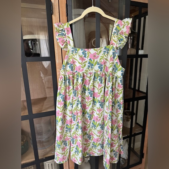 Linen floral block print babydoll mini dress ruffle pyjama square neck flutter - Picture 12 of 14